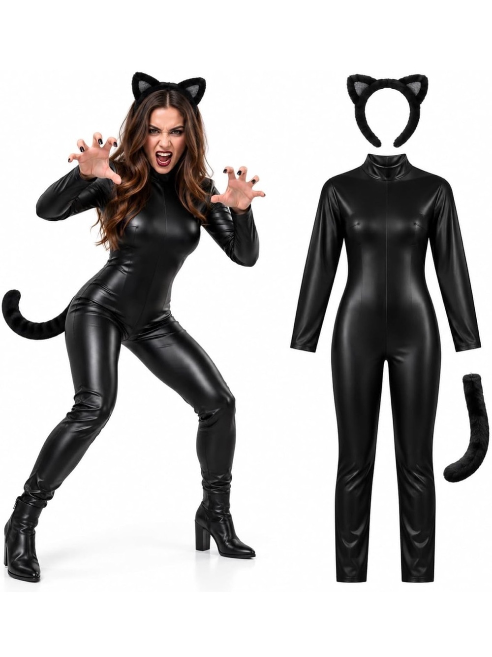 NEW Get Trend Women’s Black Cat Costume Jumpsuit with Ears & Tail – Size Medium